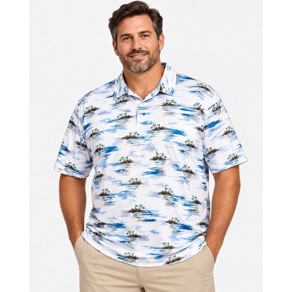 Chaps Golf Mens 2XL Tropical Palm Tree Performance Polo Shirt Blue White NWT